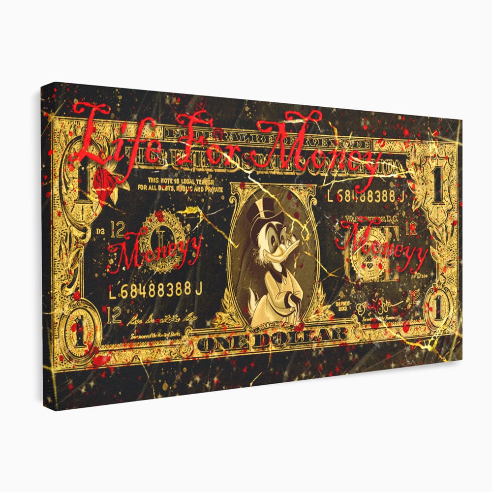 Tablou canvas cu tablou canvas cu donald duck si bancnota de un dolar, fara rama, pe sasiu de lemn